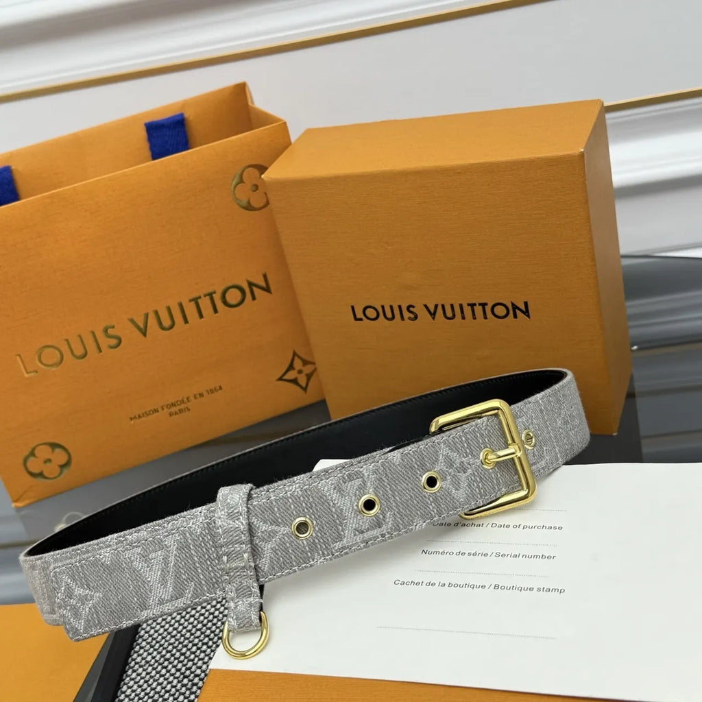 gold Louis Vuitton Gray Monogram Belt - Hình 4
