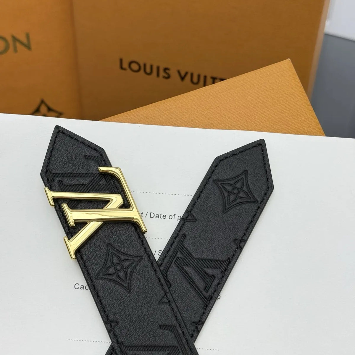 black Louis Vuitton Embossed Leather Belt - Hình 3