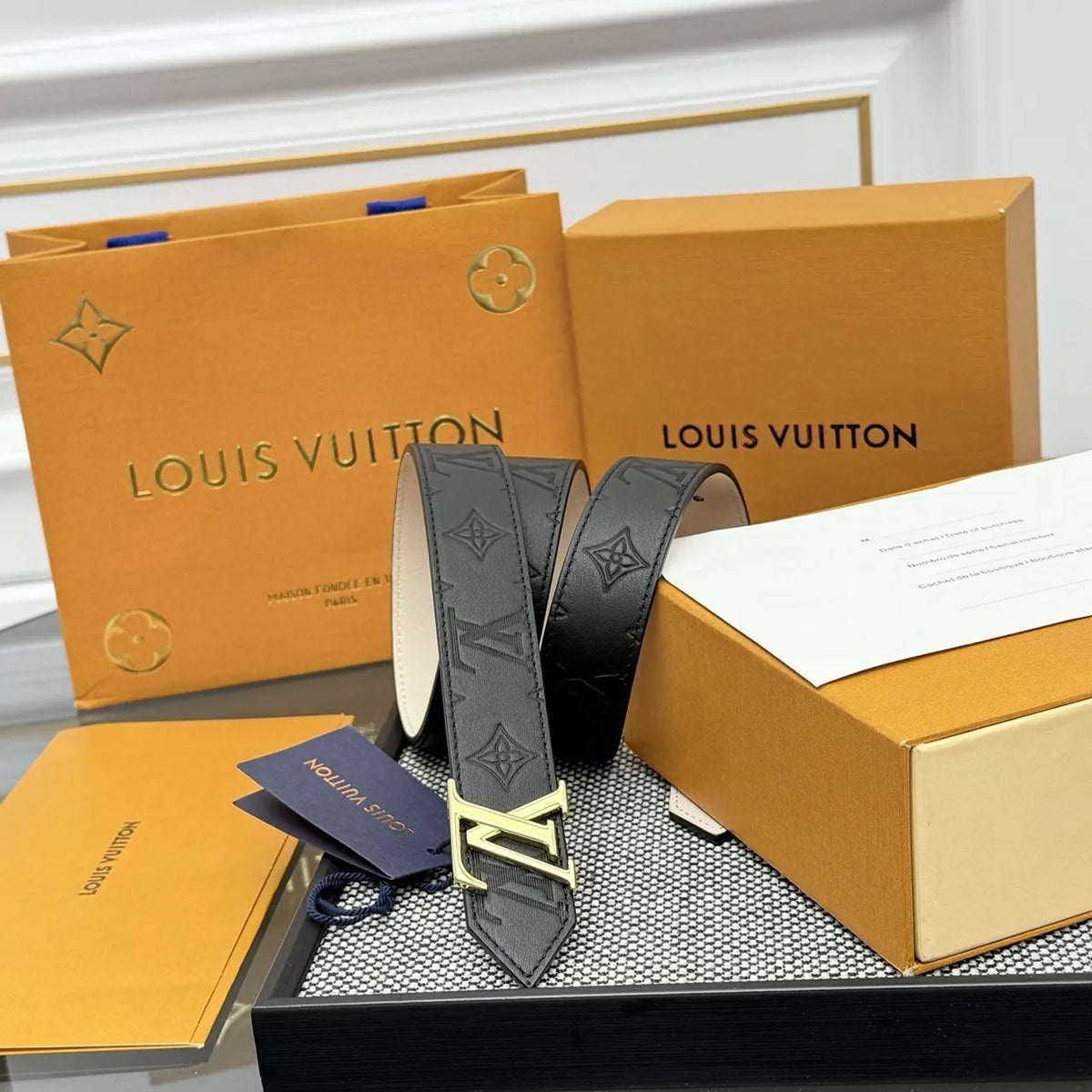 black Louis Vuitton Embossed Leather Belt - Hình 5