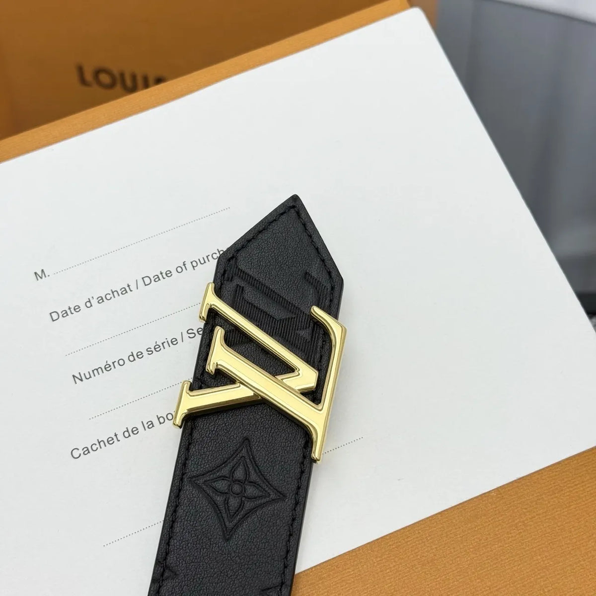 black Louis Vuitton Embossed Leather Belt - Hình 7