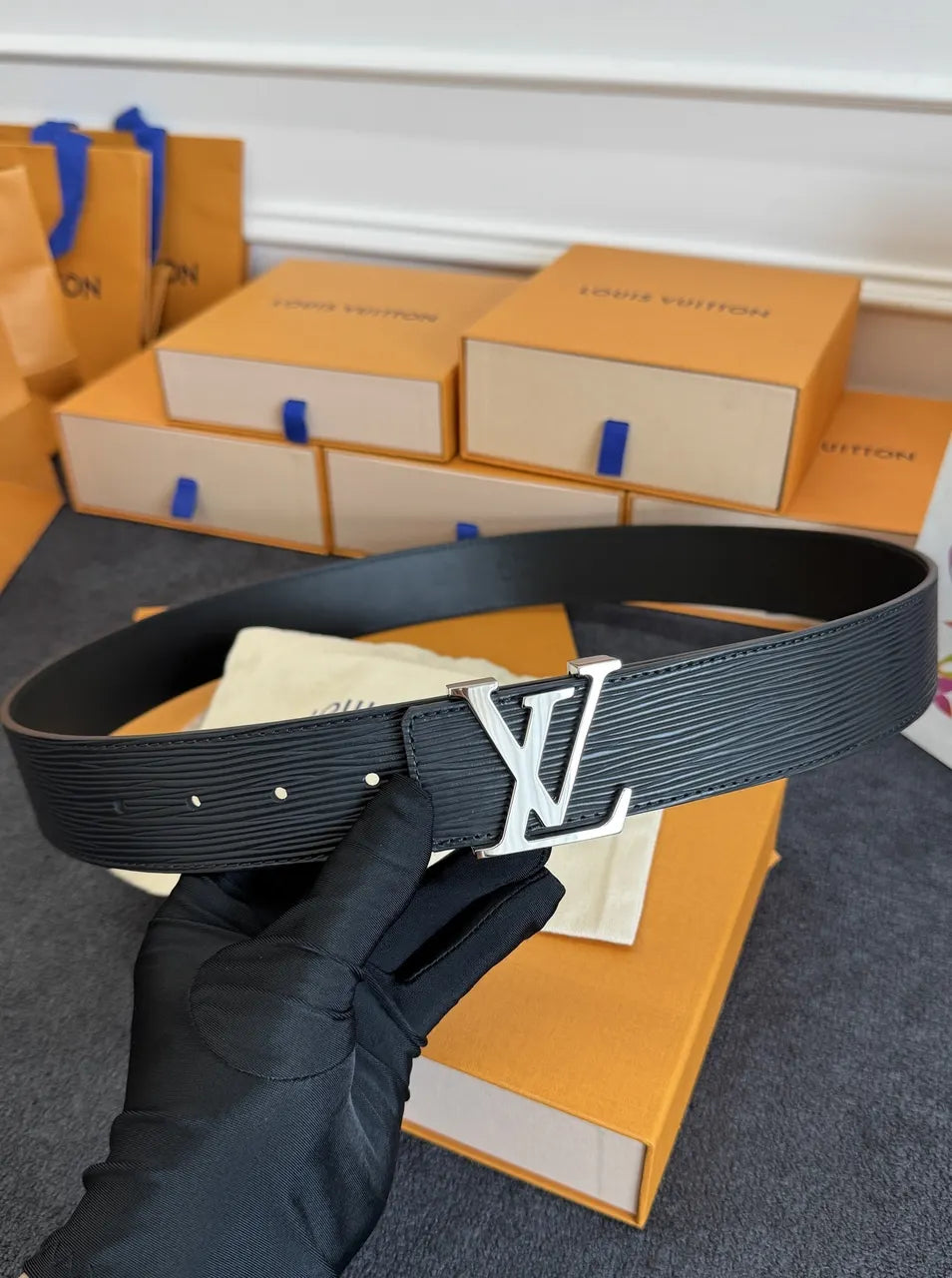 Louis Vuitton Ribbed Black Leather Belt
