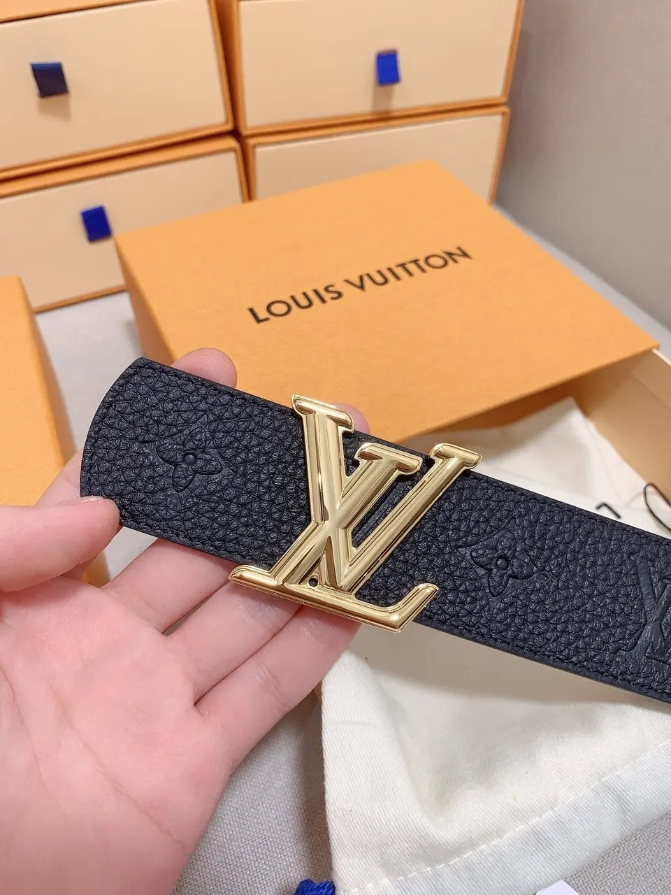 gold Louis Vuitton Black Embossed Leather Belt - Hình 2