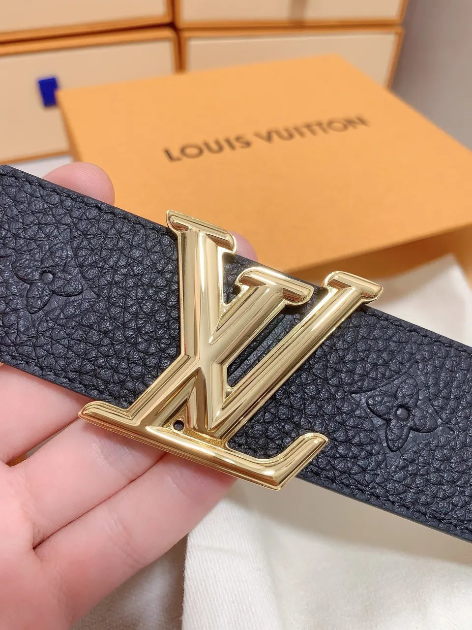 gold Louis Vuitton Black Embossed Leather Belt - Hình 3