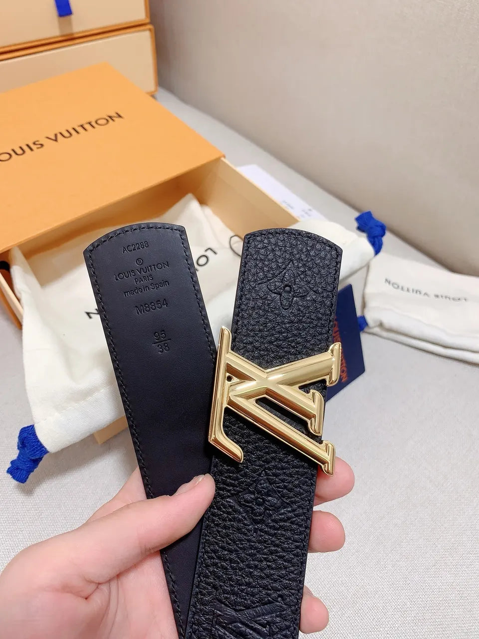gold Louis Vuitton Black Embossed Leather Belt - Hình 4