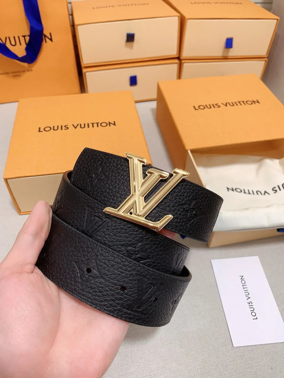 gold Louis Vuitton Black Embossed Leather Belt - Hình 5