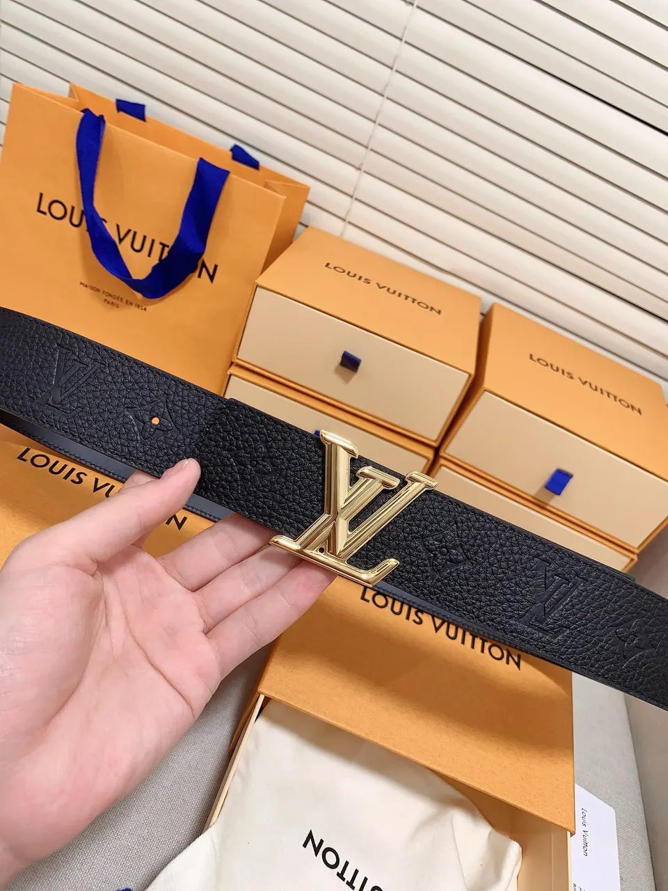 gold Louis Vuitton Black Embossed Leather Belt - Hình 6