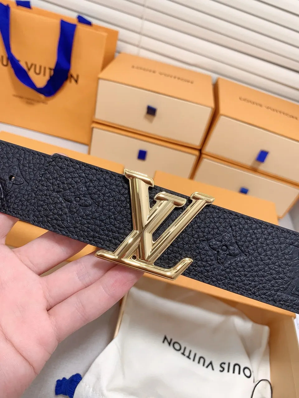 gold Louis Vuitton Black Embossed Leather Belt - Hình 7