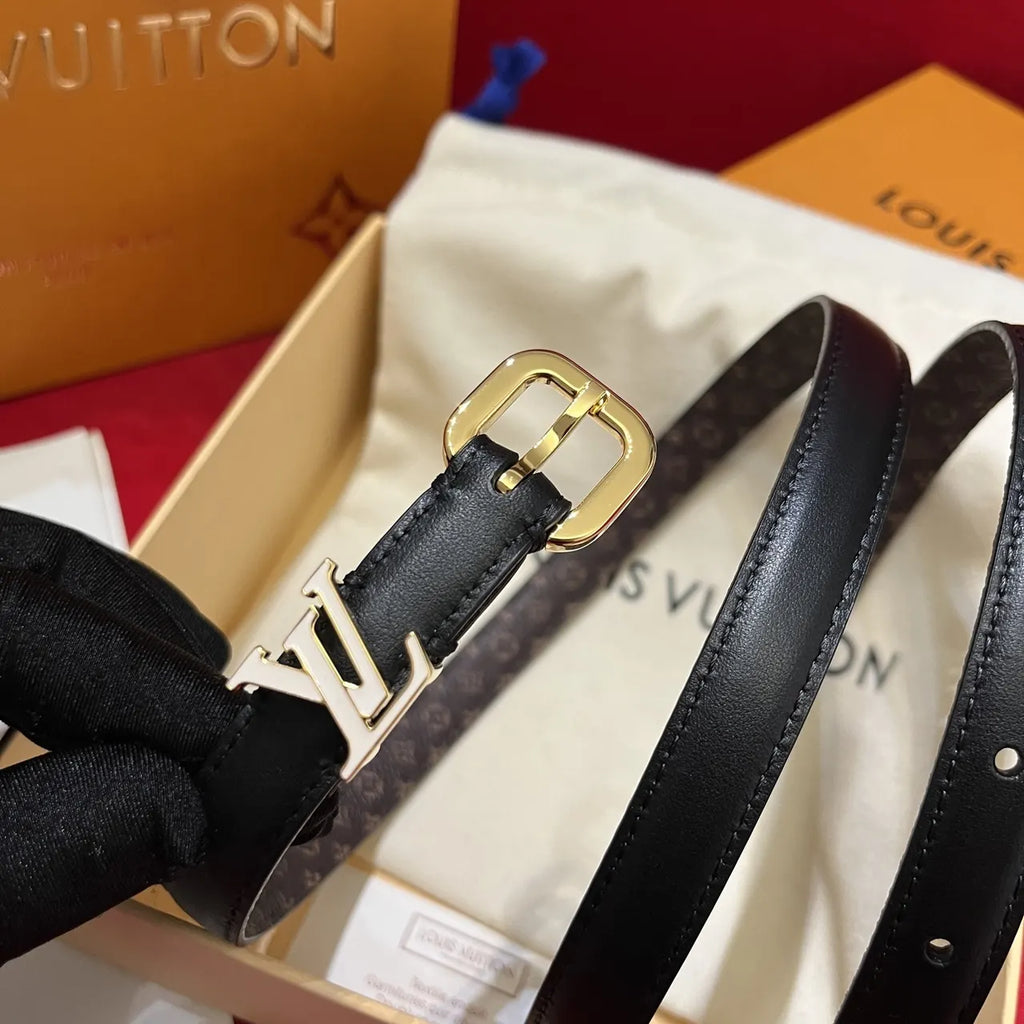 LV Black Leather Skinny Belt - Hình 4