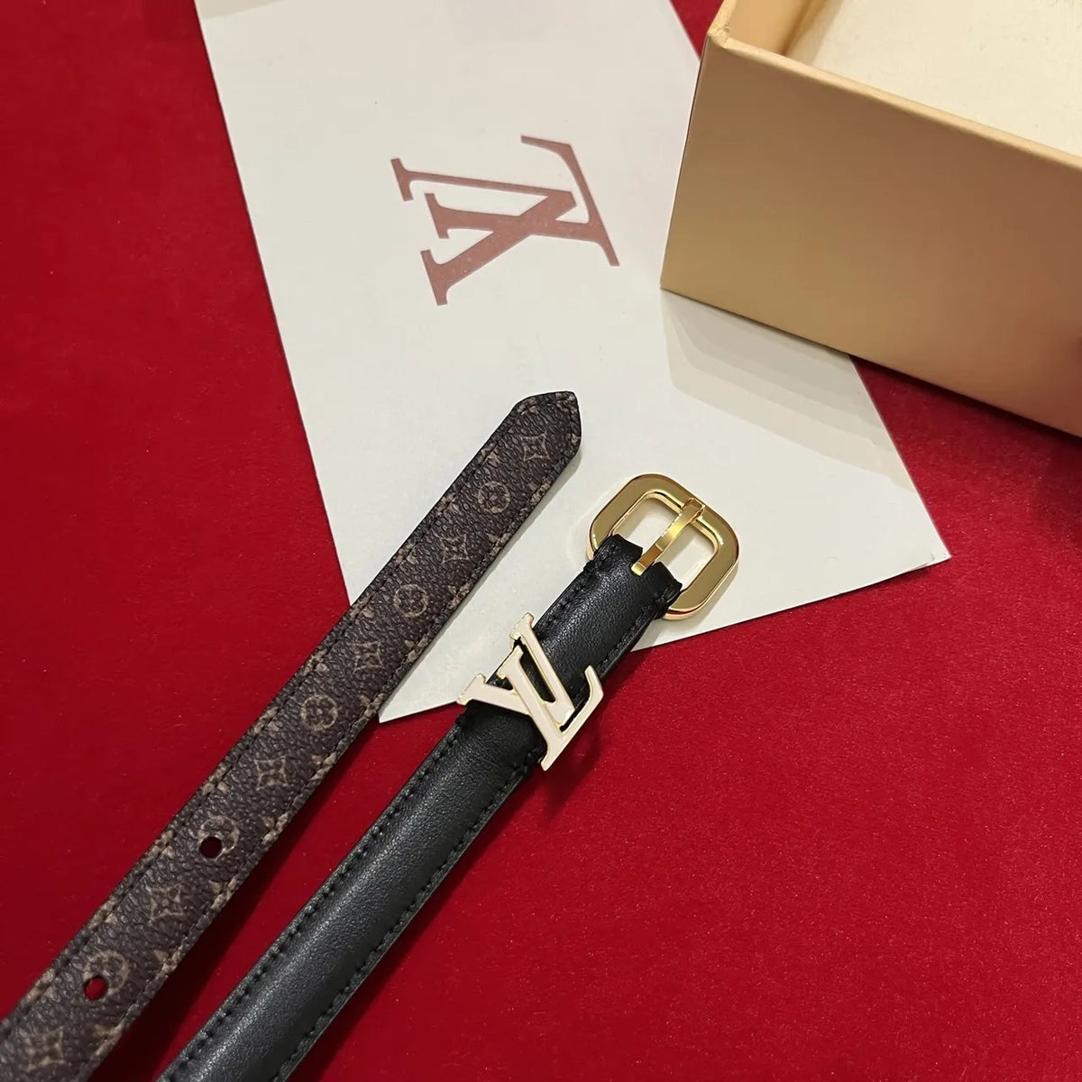 LV Black Leather Skinny Belt - Hình 6