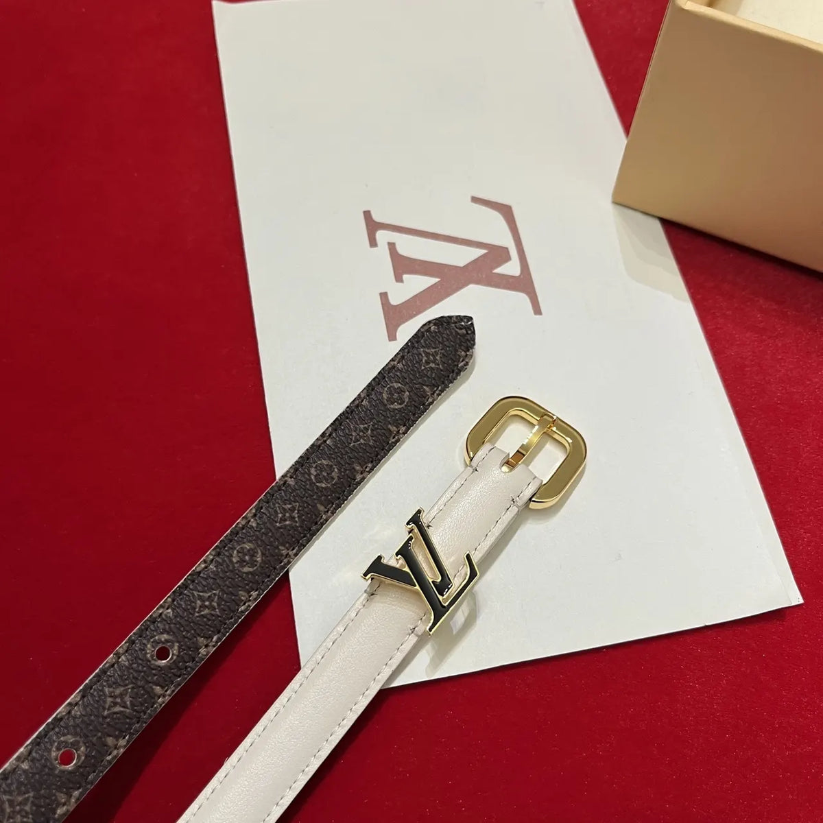 gold Louis Vuitton White Leather Belt - Hình 5