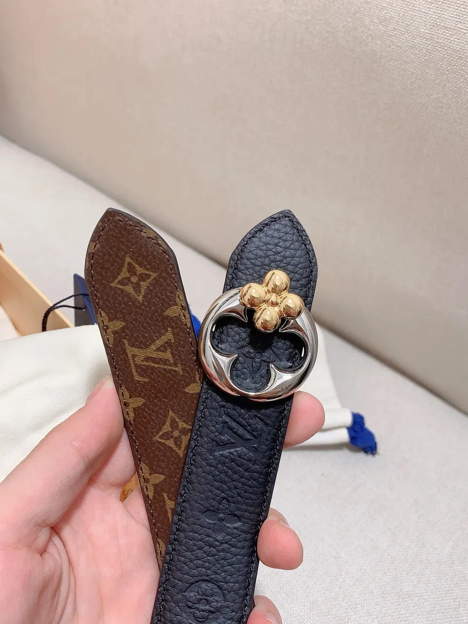 LV Black Leather Clover Belt - Hình 2