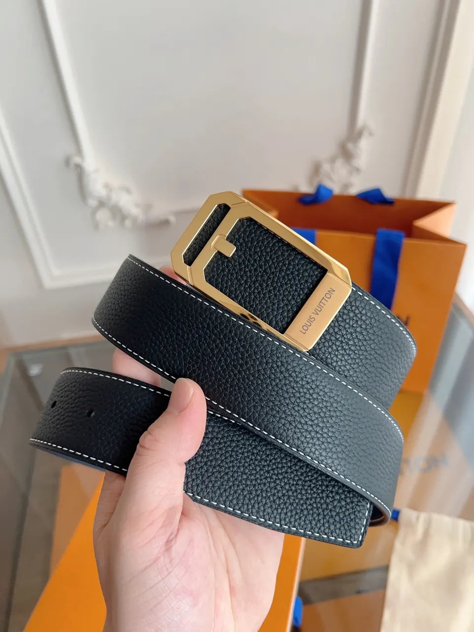 Louis Vuitton Black Leather Belt Gold Buckle