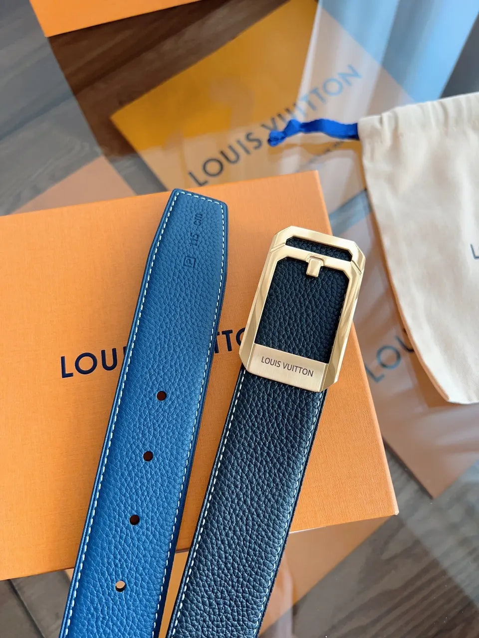 Louis Vuitton Black Leather Belt Gold Buckle - Hình 3