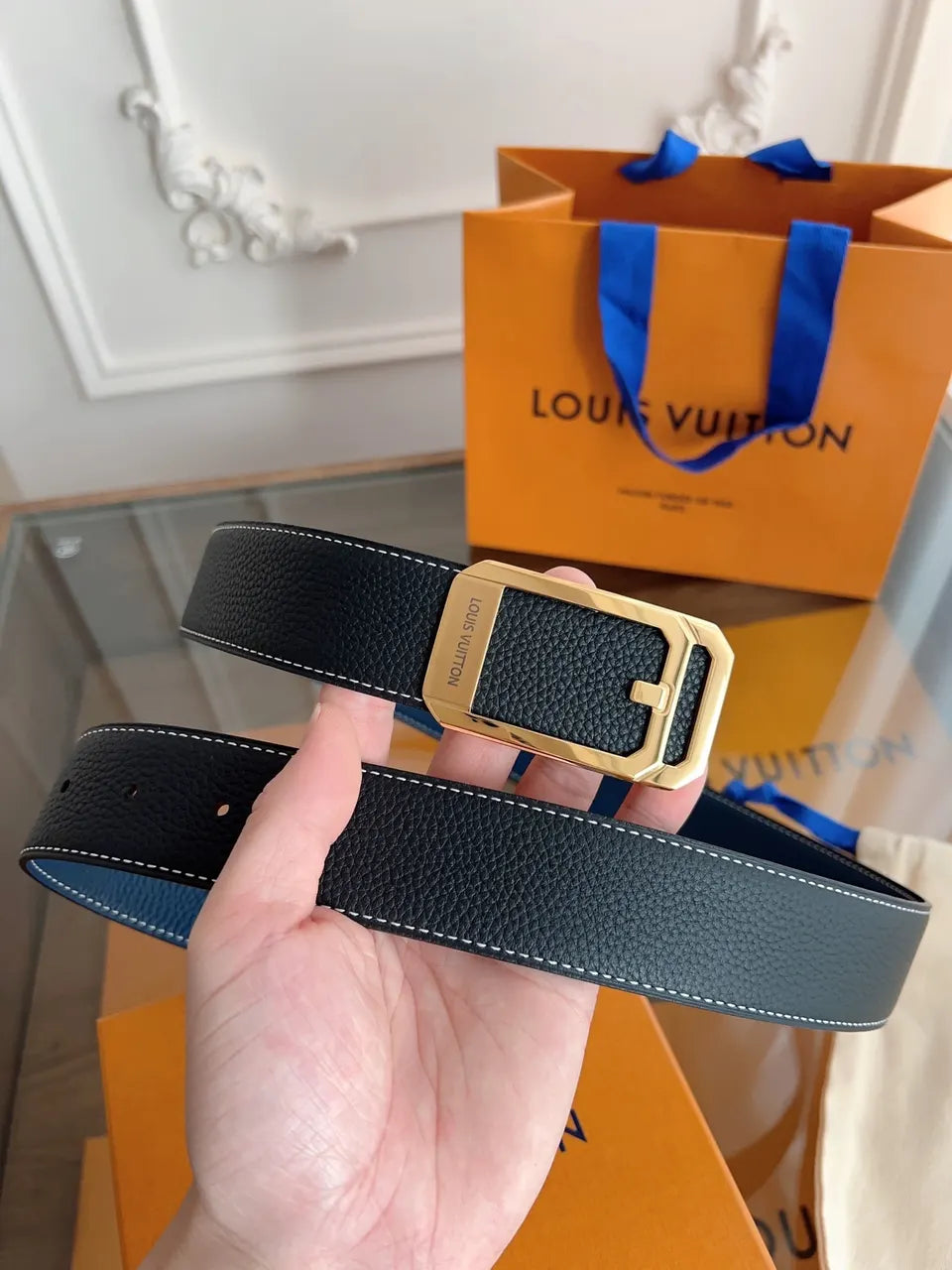 Louis Vuitton Black Leather Belt Gold Buckle - Hình 7