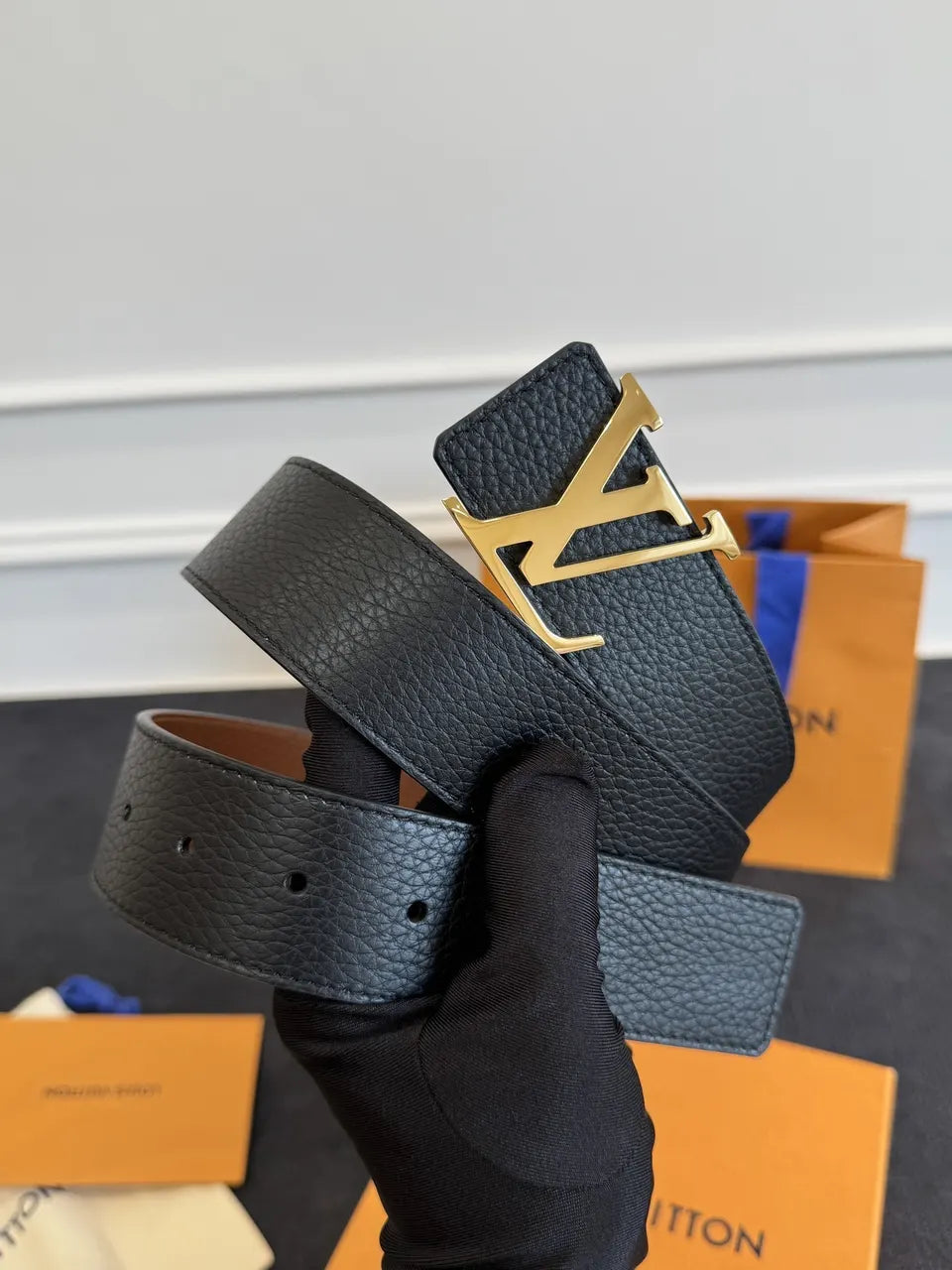black Louis Vuitton Gold Buckle Belt