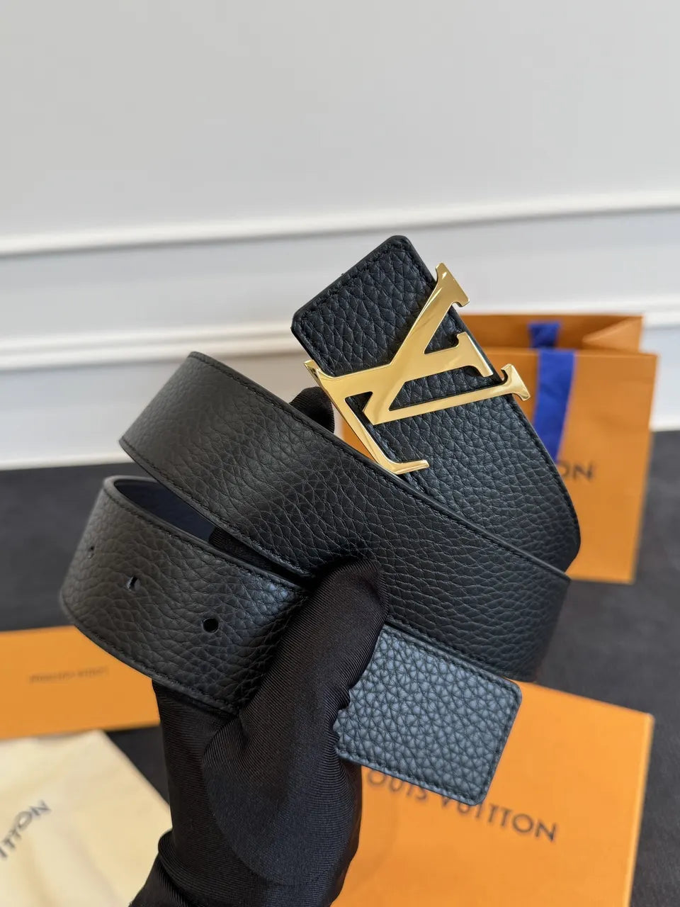 gold Louis Vuitton Black Leather Belt