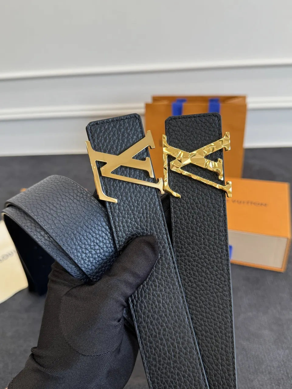 gold Louis Vuitton Black Leather Belt - Hình 9