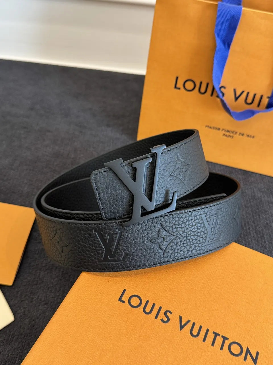 matte Louis Vuitton Embossed Black Belt