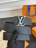 silver lv Louis Vuitton Black Leather Belt