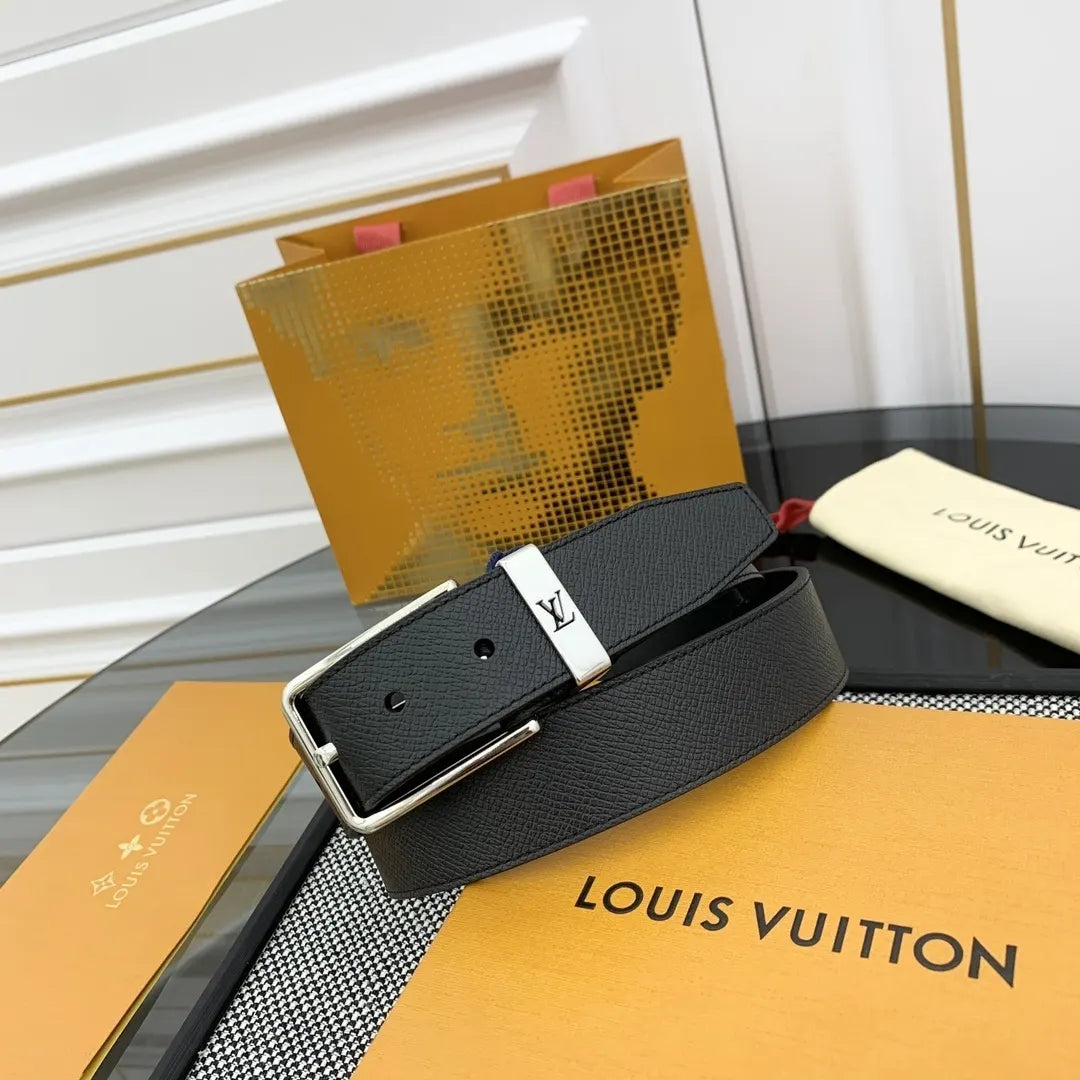 textured Louis Vuitton Black Leather Belt - Hình 2