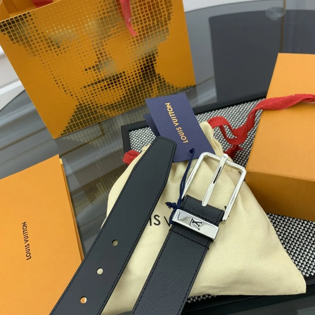 textured Louis Vuitton Black Leather Belt - Hình 5