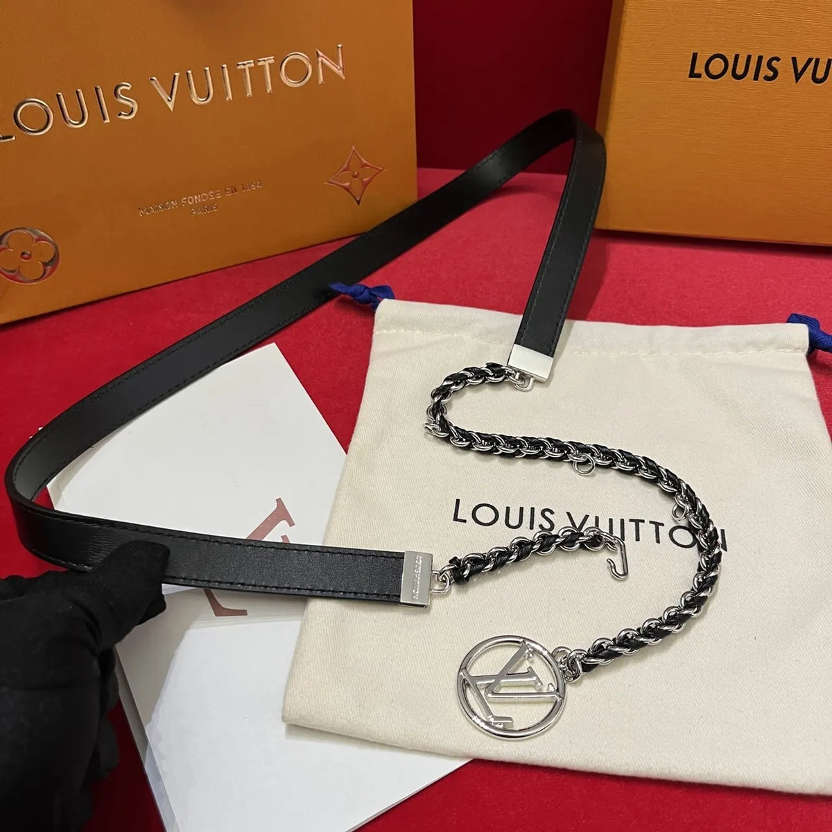 LV Black Leather Chain Belt - Hình 3