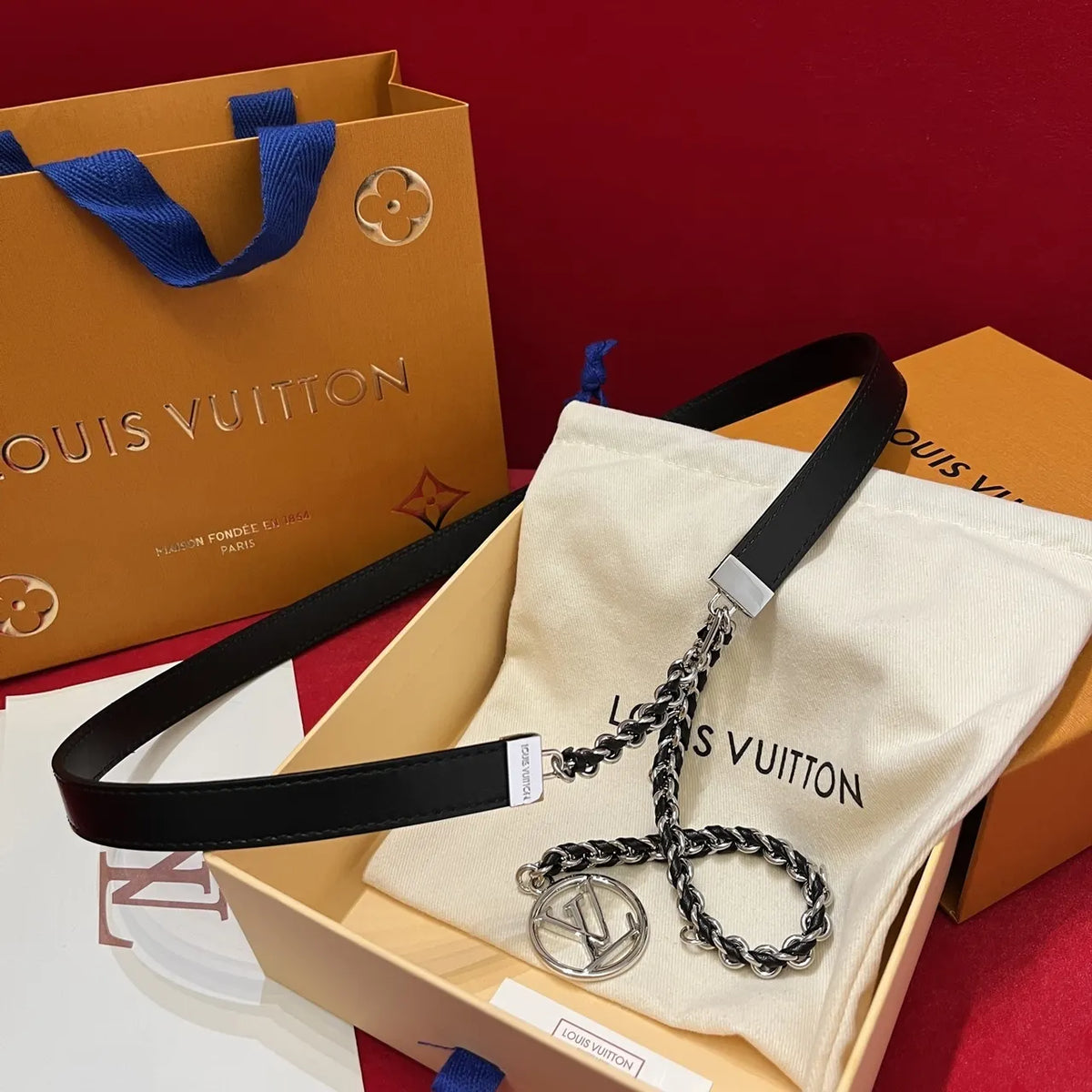 LV Black Leather Chain Belt - Hình 8