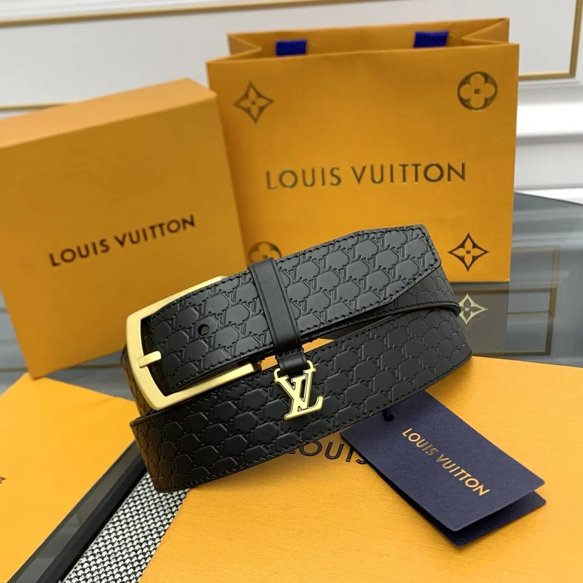 Louis Vuitton Embossed Black Leather Belt