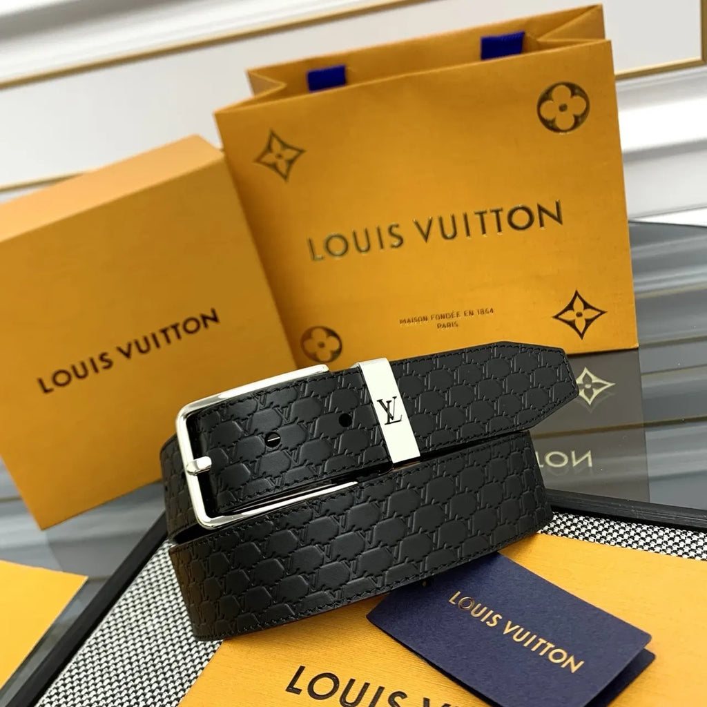 louis LV Embossed Black Leather Belt