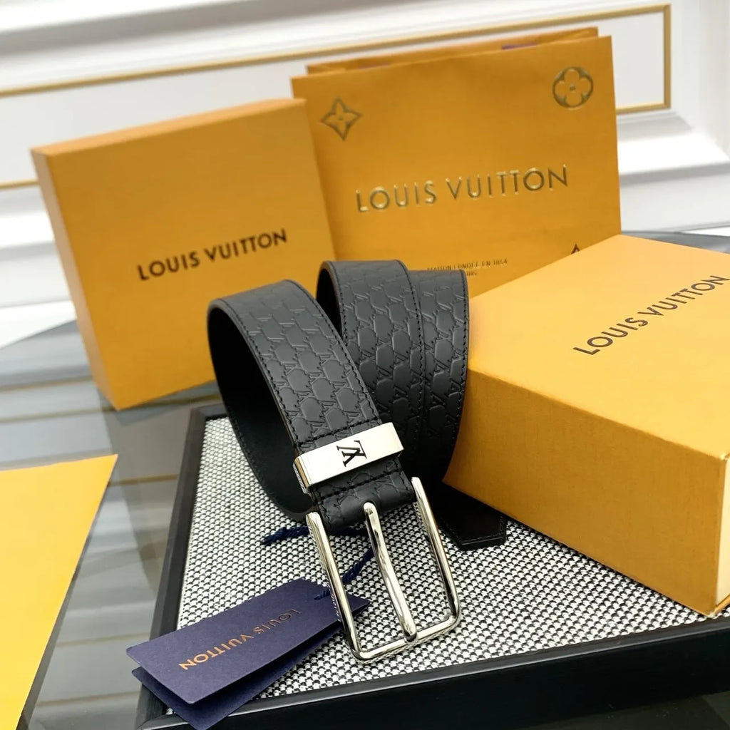 louis LV Embossed Black Leather Belt - Hình 2