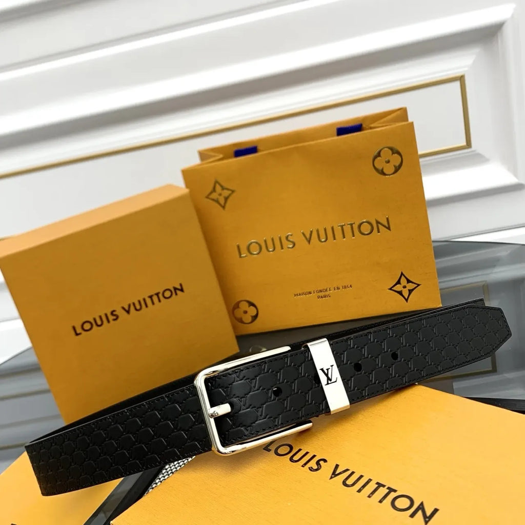 louis LV Embossed Black Leather Belt - Hình 4