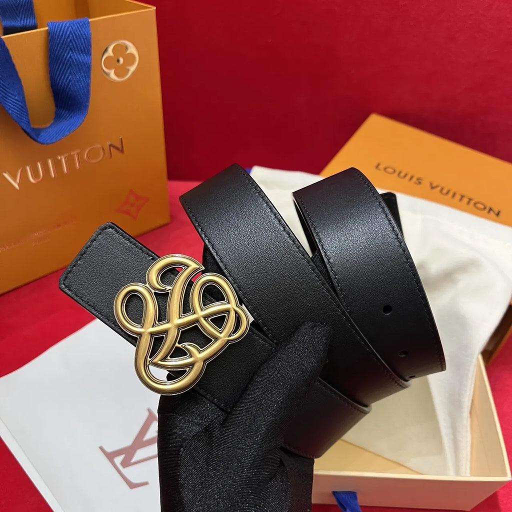 gold Louis Vuitton Black Leather Belt - Hình 2