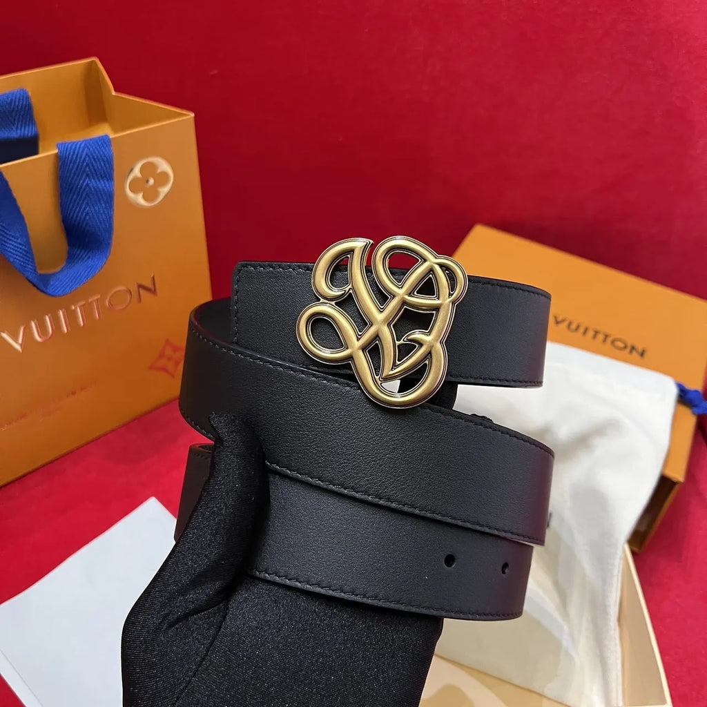 gold Louis Vuitton Black Leather Belt - Hình 3