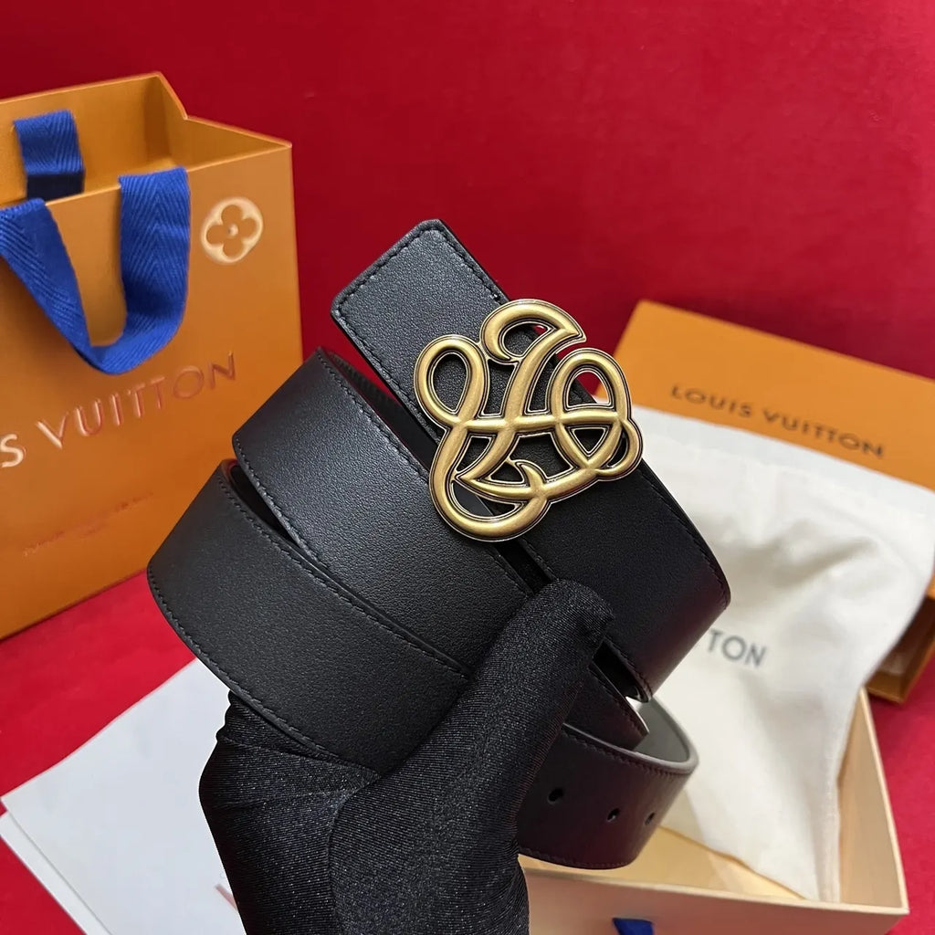 gold Louis Vuitton Black Leather Belt - Hình 5
