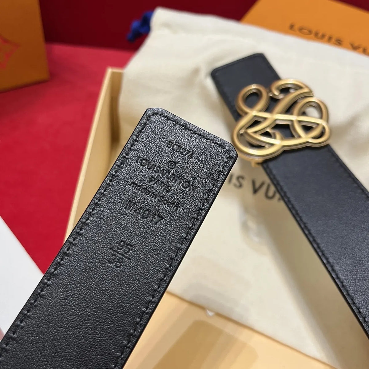 gold Louis Vuitton Black Leather Belt - Hình 7