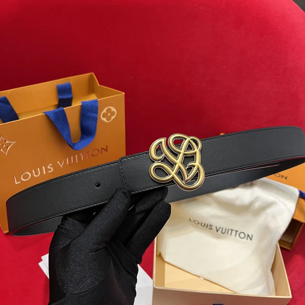 gold Louis Vuitton Black Leather Belt - Hình 8
