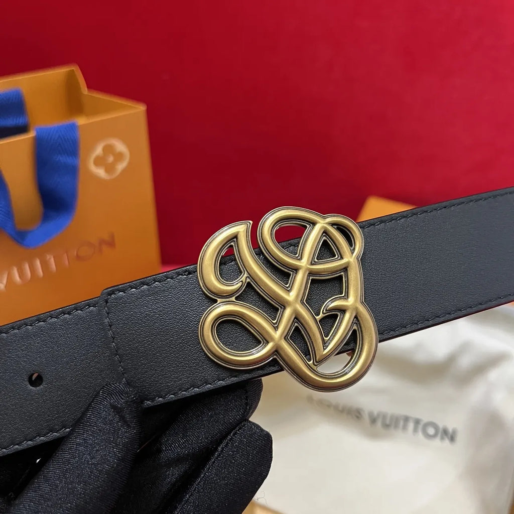 gold Louis Vuitton Black Leather Belt - Hình 9
