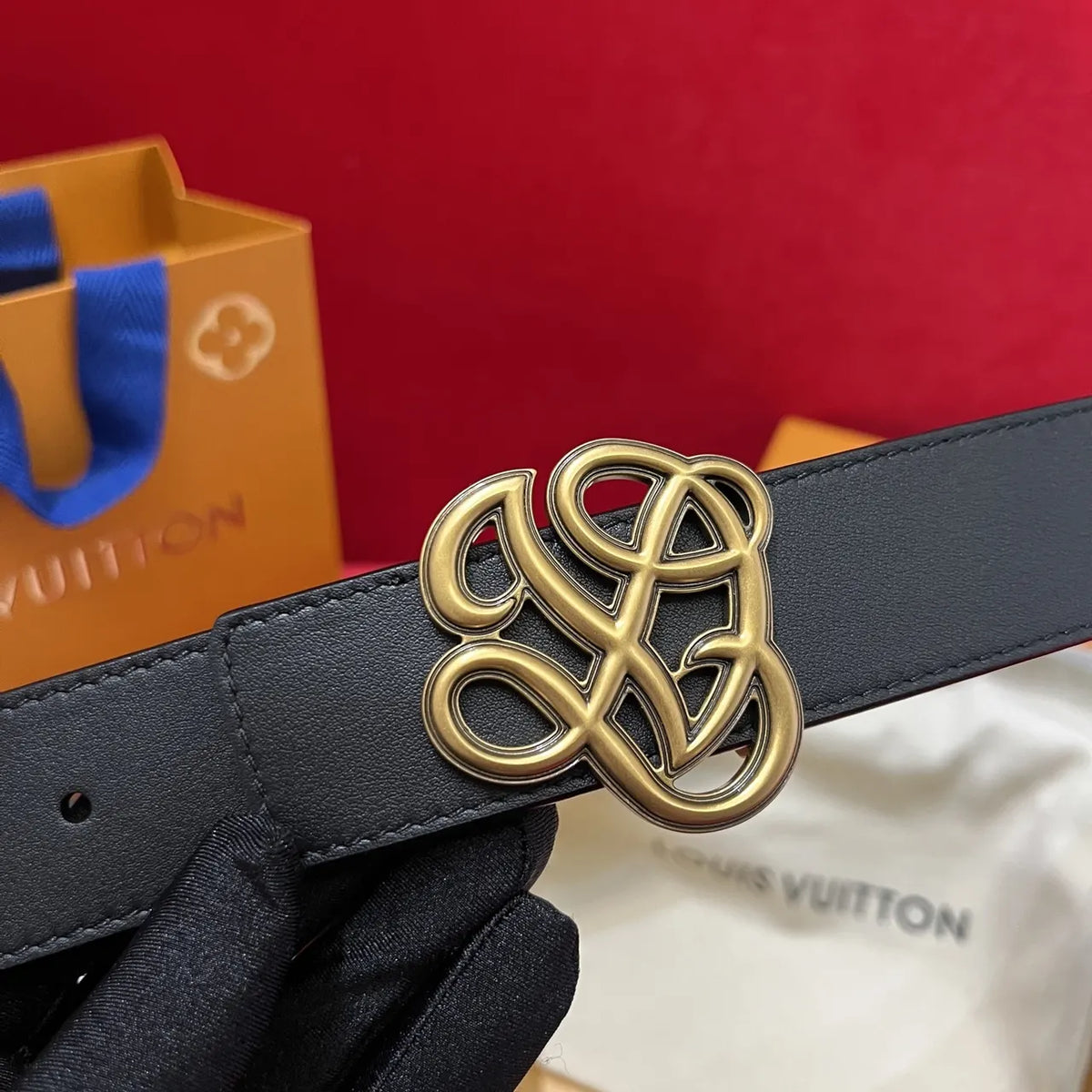 gold Louis Vuitton Black Leather Belt - Hình 9