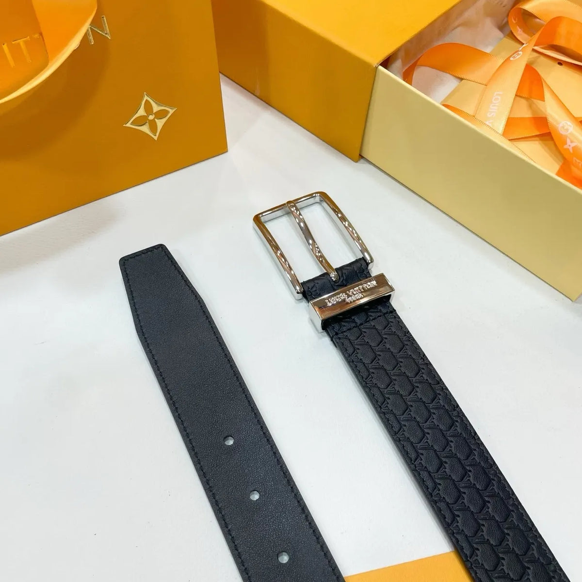 black Louis Vuitton Embossed Belt - Hình 7