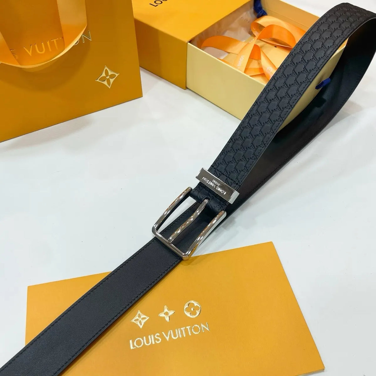 black Louis Vuitton Embossed Belt - Hình 8
