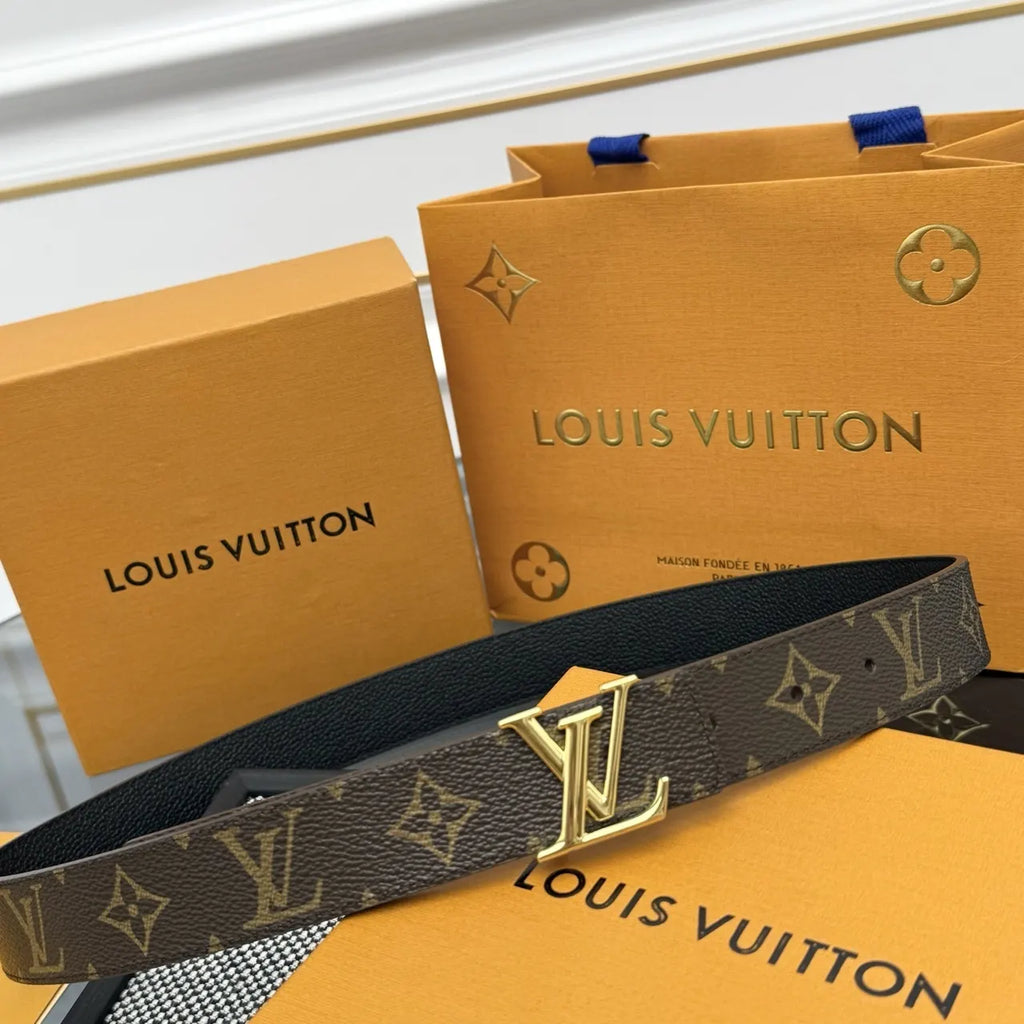 gold Louis Vuitton Monogram Brown Belt - Hình 4