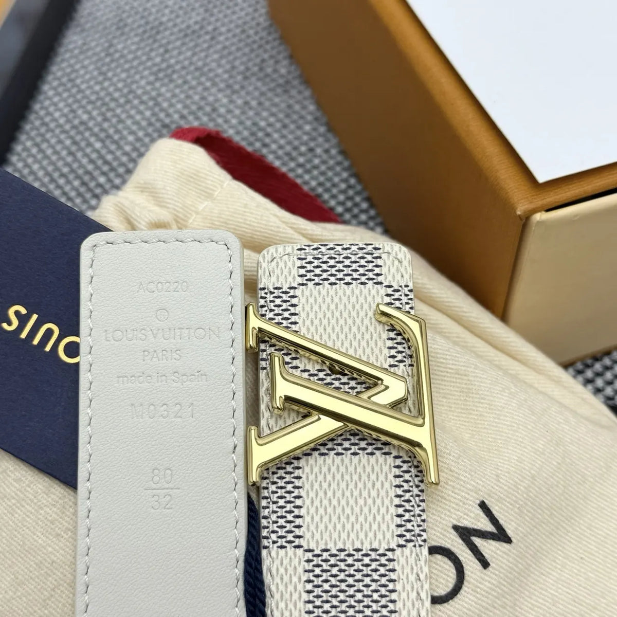 gold Louis Vuitton Damier Azur Belt - Hình 5
