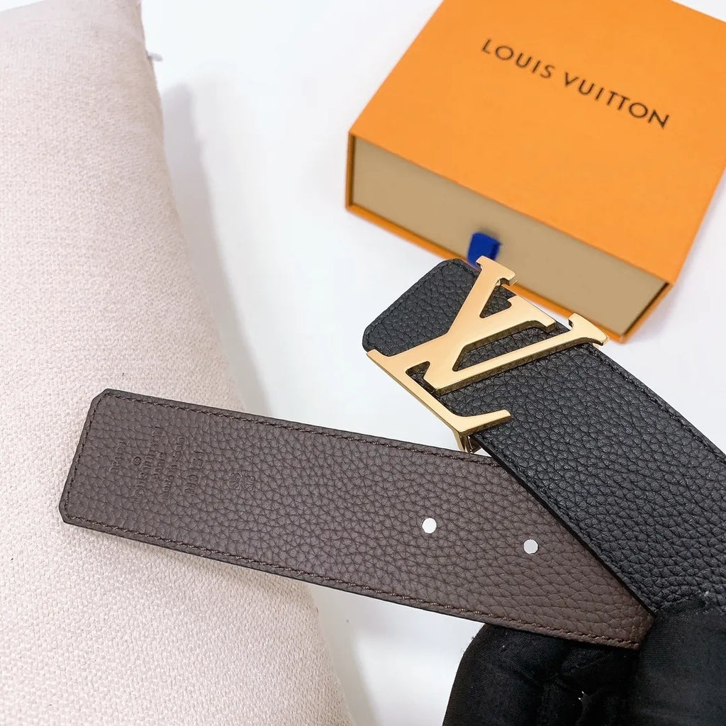 gold Louis Vuitton Black Leather Reversible Belt - Hình 2