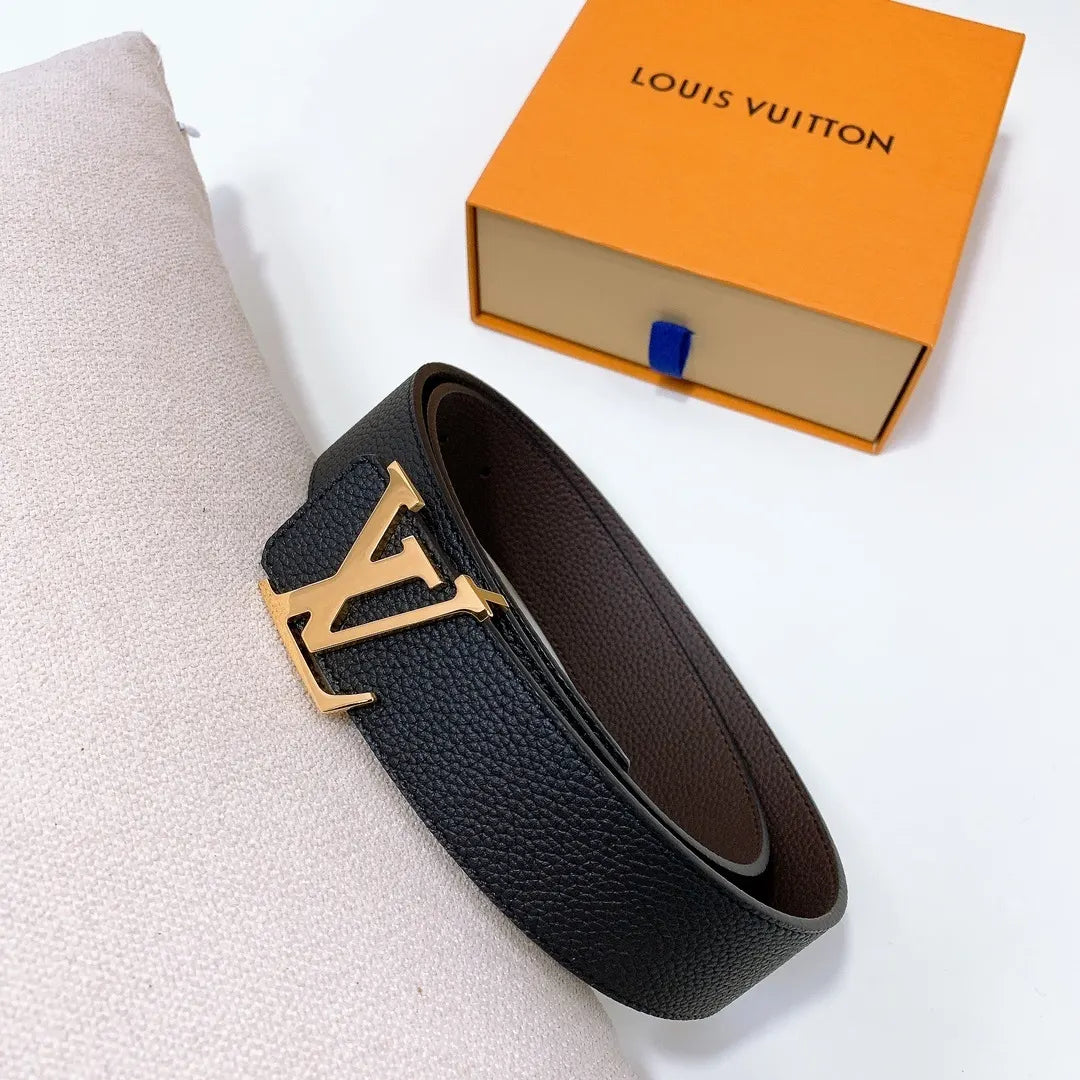 gold Louis Vuitton Black Leather Reversible Belt - Hình 4