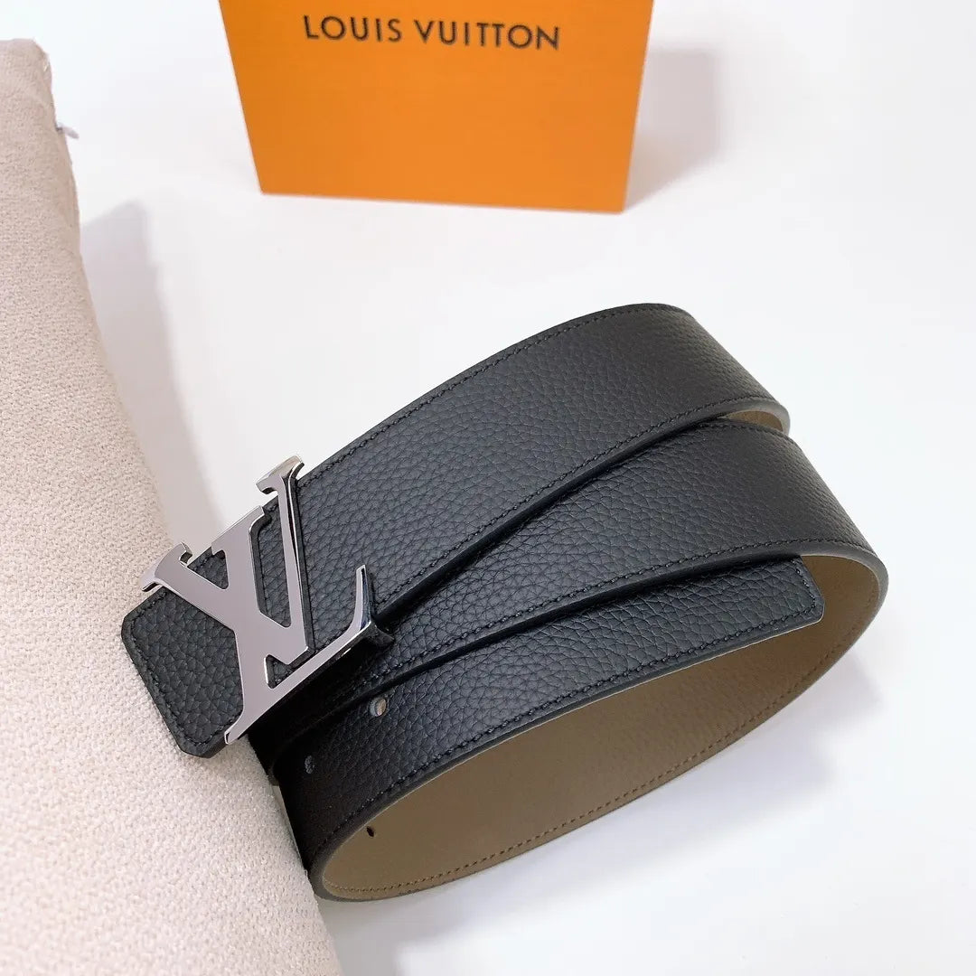 Louis Vuitton Black Leather Belt silver