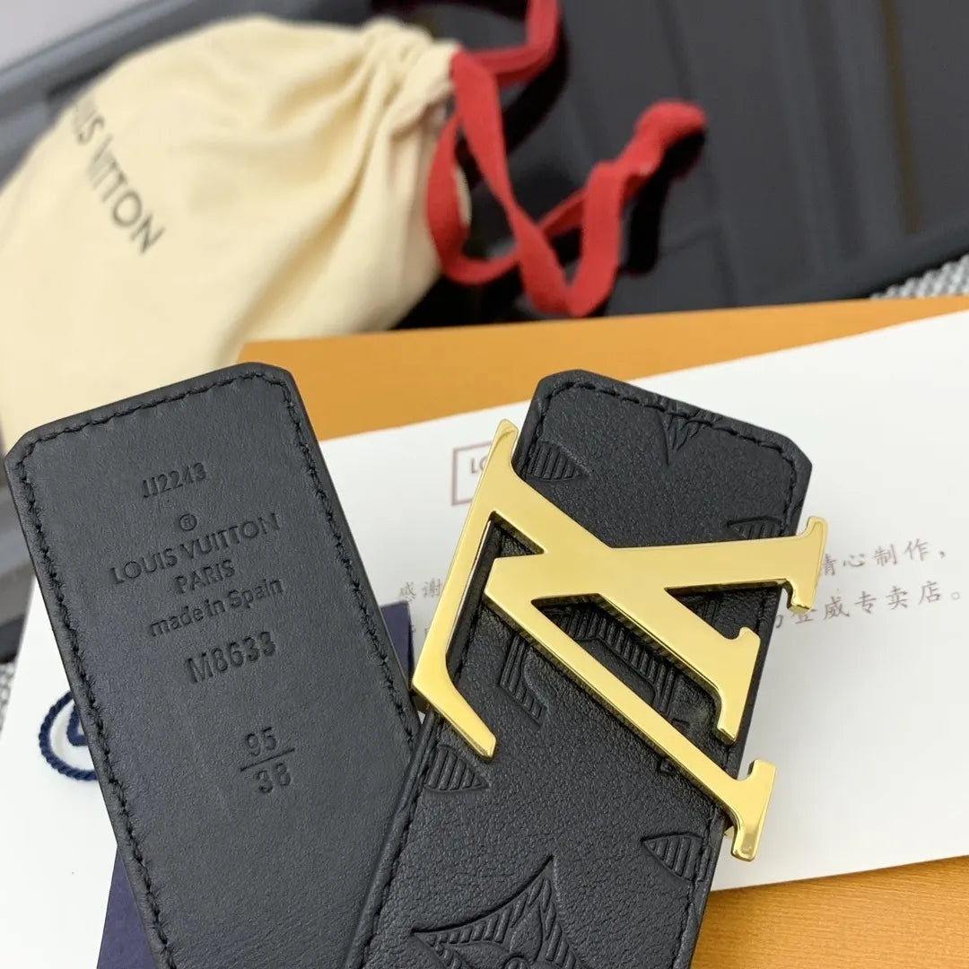 LV Black Embossed Leather Belt - Hình 5