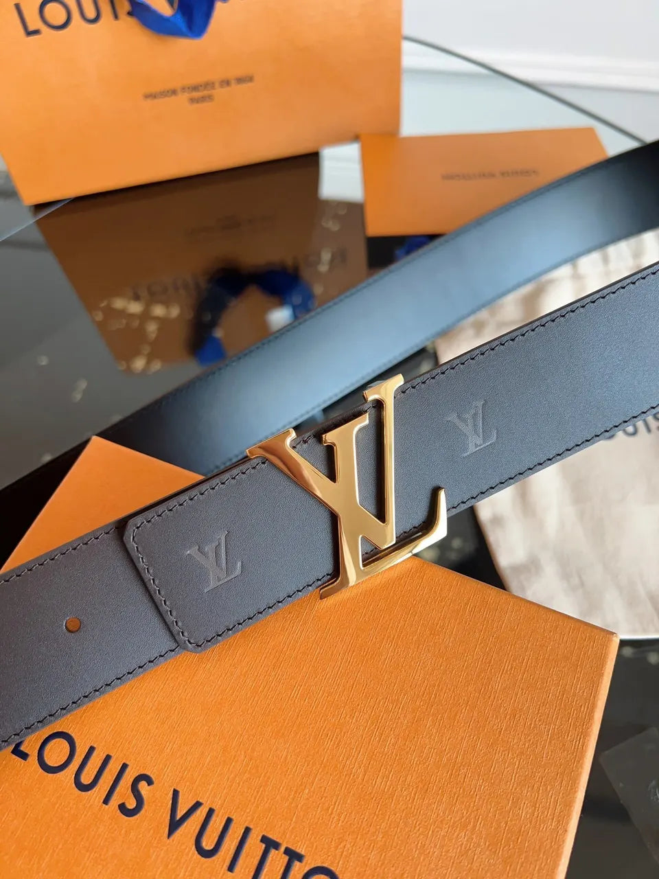 gold Louis Vuitton Gray Leather Belt