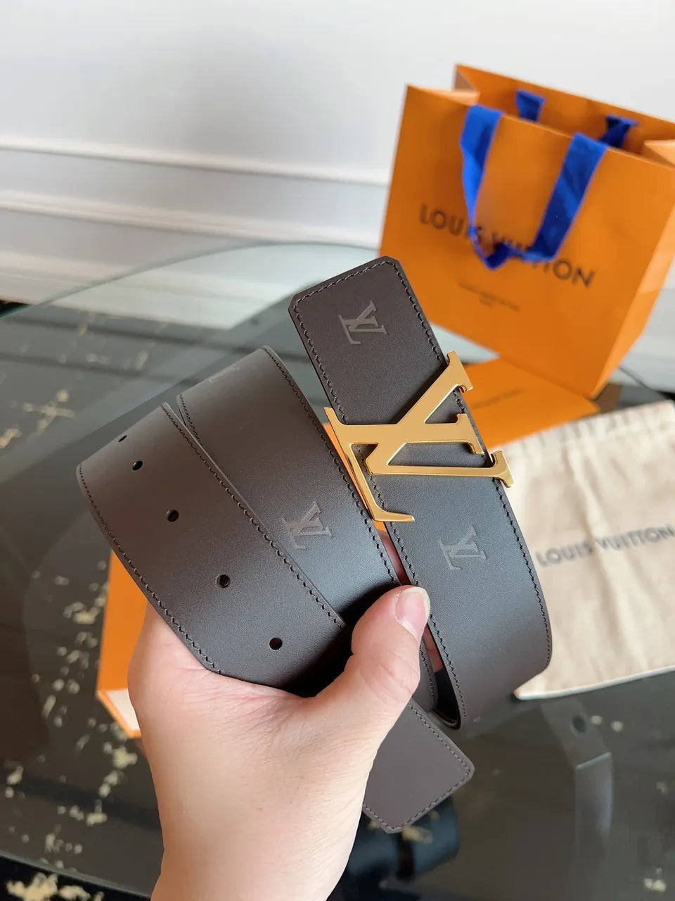 gold Louis Vuitton Gray Leather Belt - Hình 2
