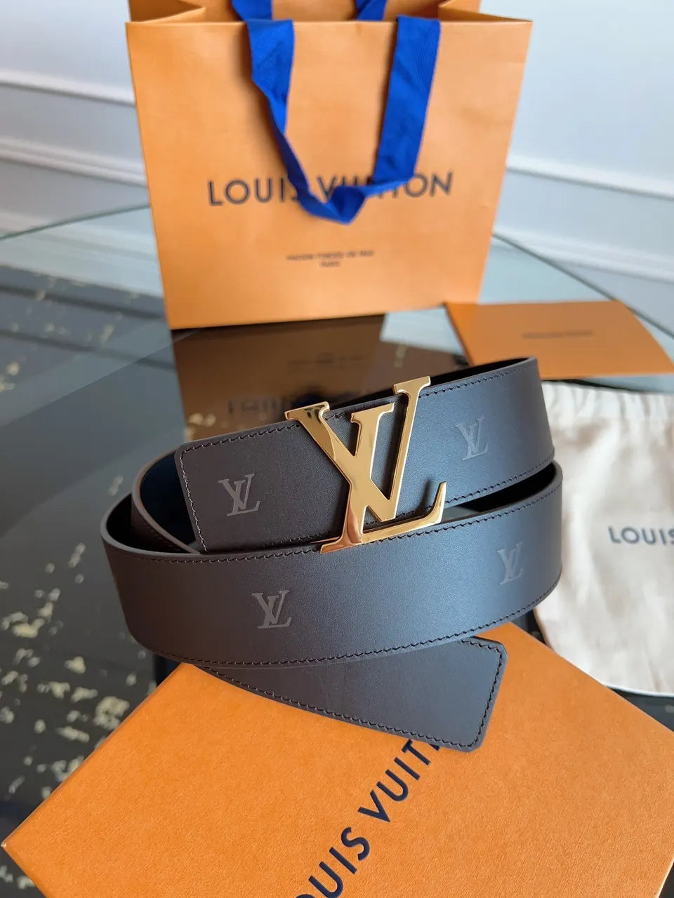 gold Louis Vuitton Gray Leather Belt - Hình 3