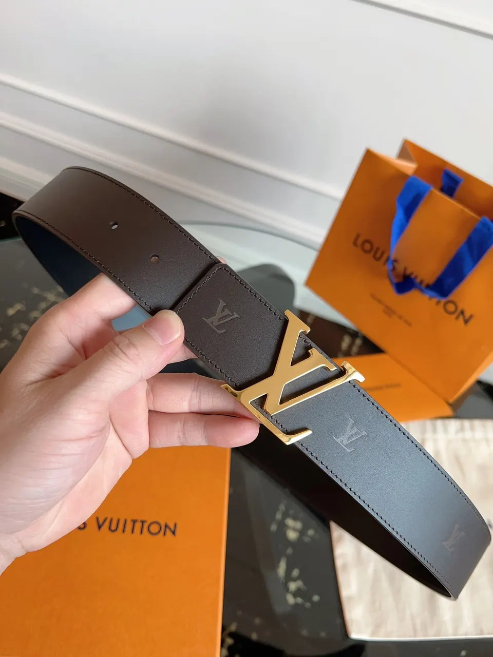 gold Louis Vuitton Gray Leather Belt - Hình 4
